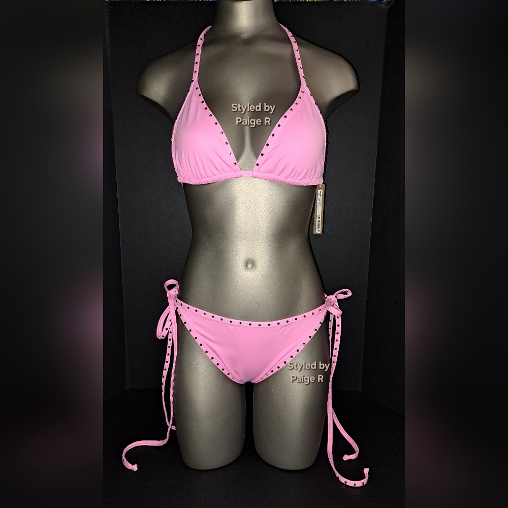 🩷NWT SKIMS Swim Rhinestone Triangle Bikini Top Tie Bottoms Set LIGHT PINK L XL